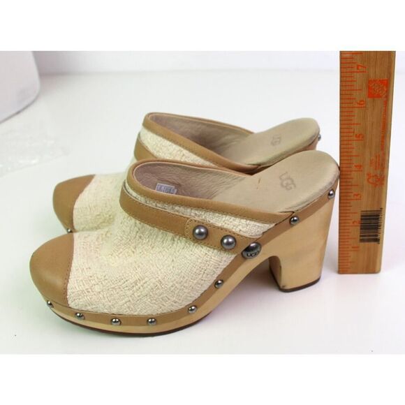UGG BEIGE TEXTILE LEATHER ROUND TOE HIGH HEEL SANDALS SABO MULES SHOES Sz 8/39 - Picture 7 of 7